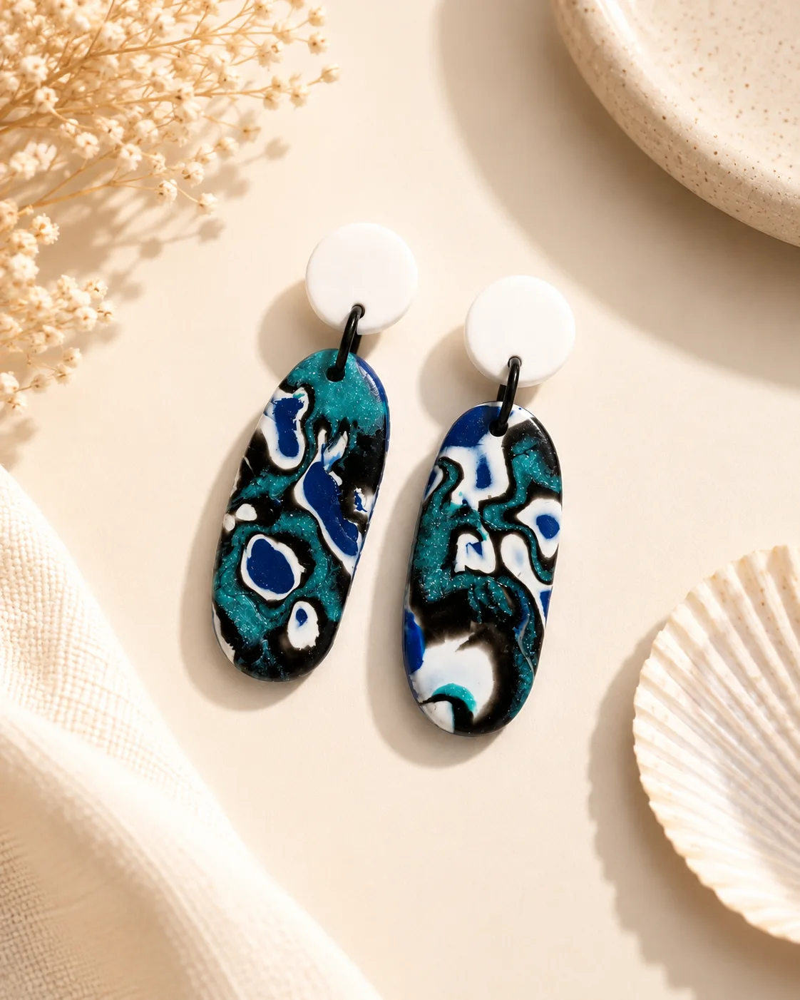 Handmade Blue & Teal Marbled Polymer Clay Statement Earrings — photo 2