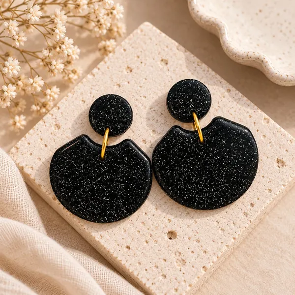 Black Glitter Statement Drop Earrings