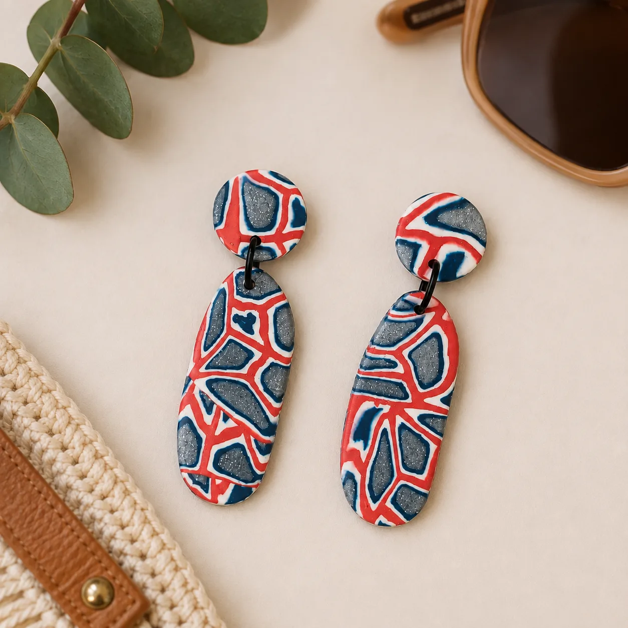 Handmade Polymer Clay Statement Dangle Earrings | Coral, Navy & Silver Abstract — photo 2
