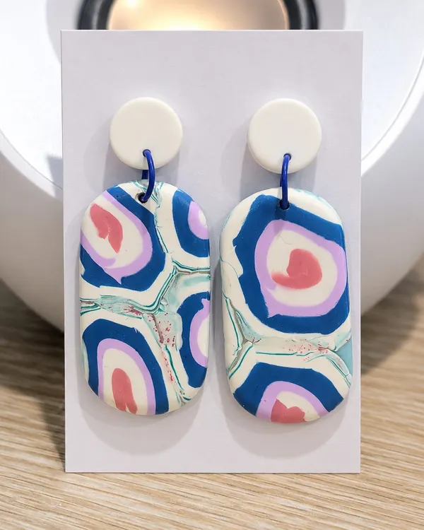 Blue & Red Polymer Clay Statement Earrings