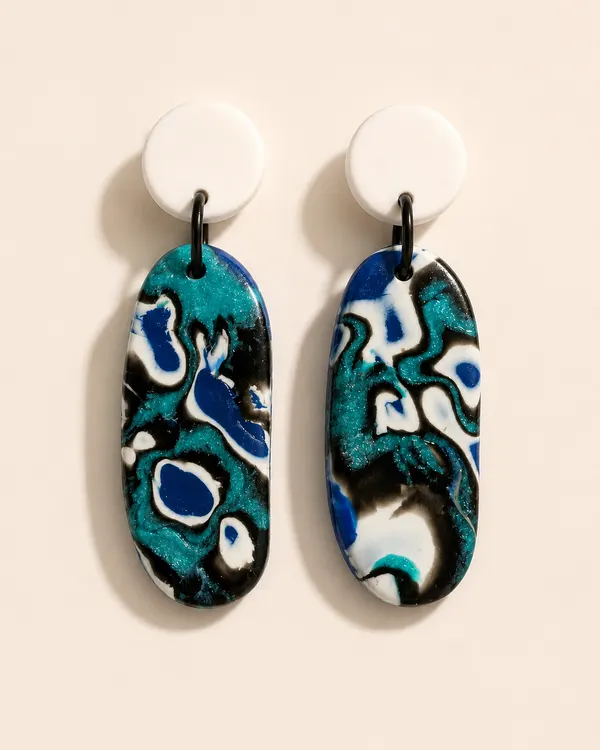 Handmade Blue & Teal Marbled Polymer Clay Statement Earrings