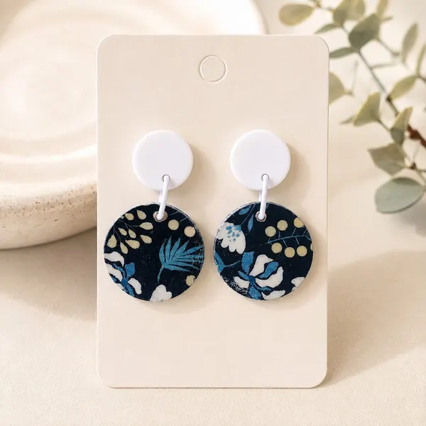 Navy Blue Floral Botanical Statement Drop Earrings