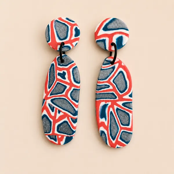 Handmade Polymer Clay Statement Dangle Earrings | Coral, Navy & Silver Abstract