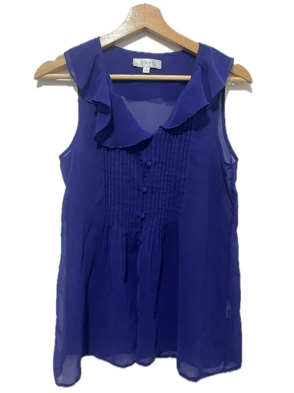 Temt blue blouse with ruffle collar and button front, size 8