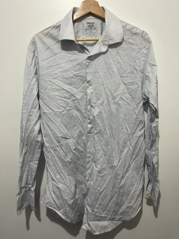 T.M.Lewin Fitted Geometric Dress Shirt 16.5 White/Blue Cotton Long Sleeve