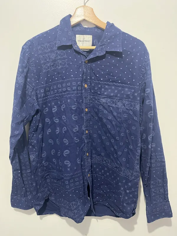 Spencer Project Mens Button Up Long Sleeve Point Collar Paisley Blue Size M
