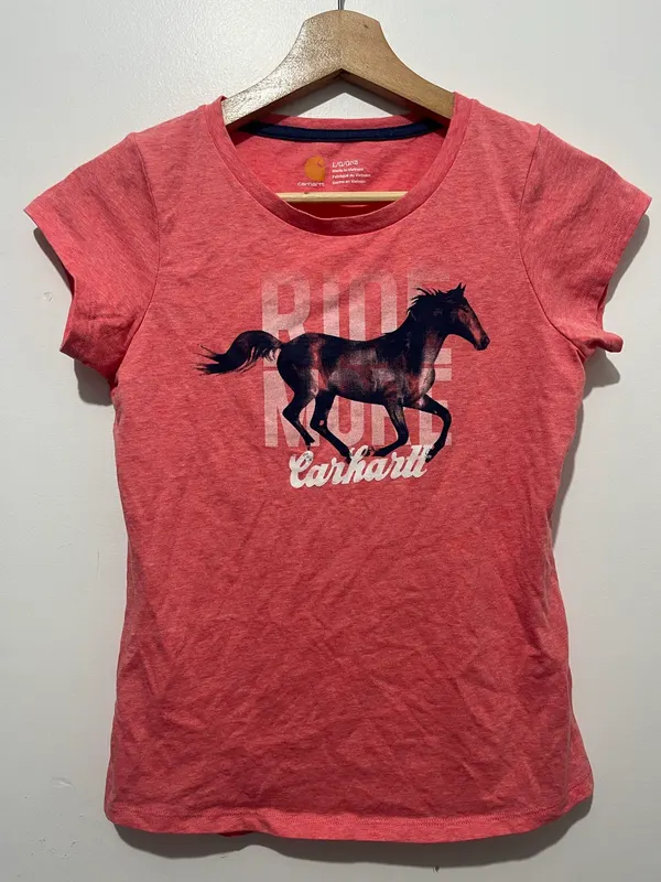 Carhartt Girls Pink Cotton Jersey Crew Neck Graphic Horse Logo Tee L (12)