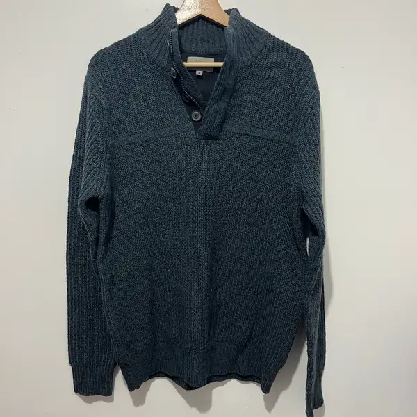 M&S Acrylic Wool Knit Jumper Blue Collared Button Neck Pullover Men’s M