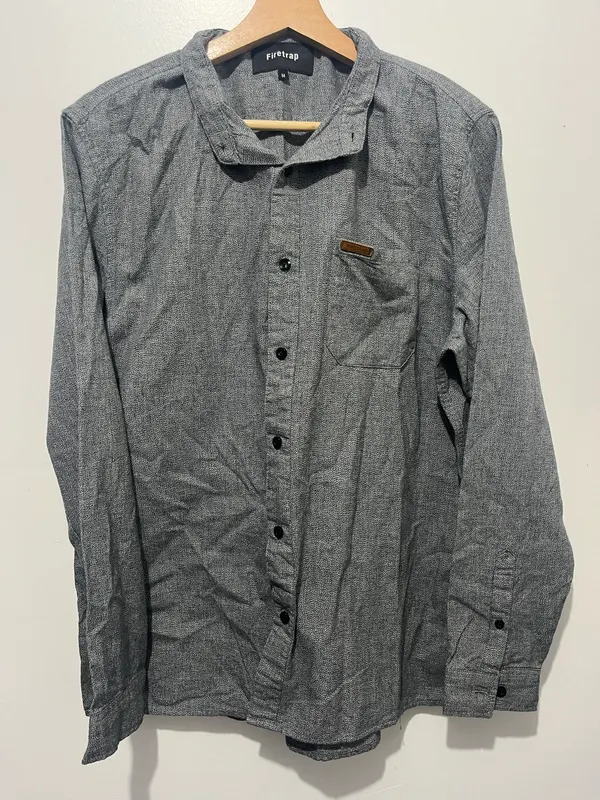 Firetrap Mens Button Up Long Sleeve Point Collar Pocket Shirt Grey Size M