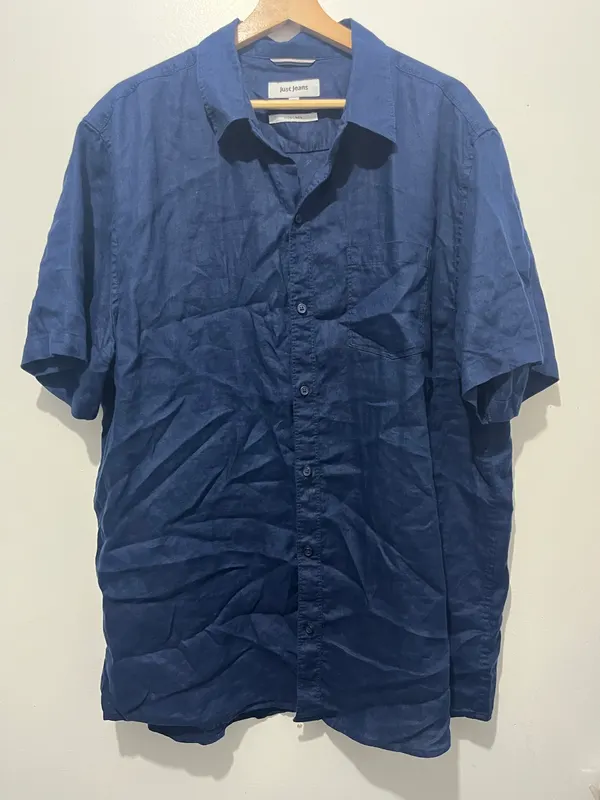 Just Jeans Mens Button Up Shirt XXL Blue Solid Linen Short Sleeve Collared