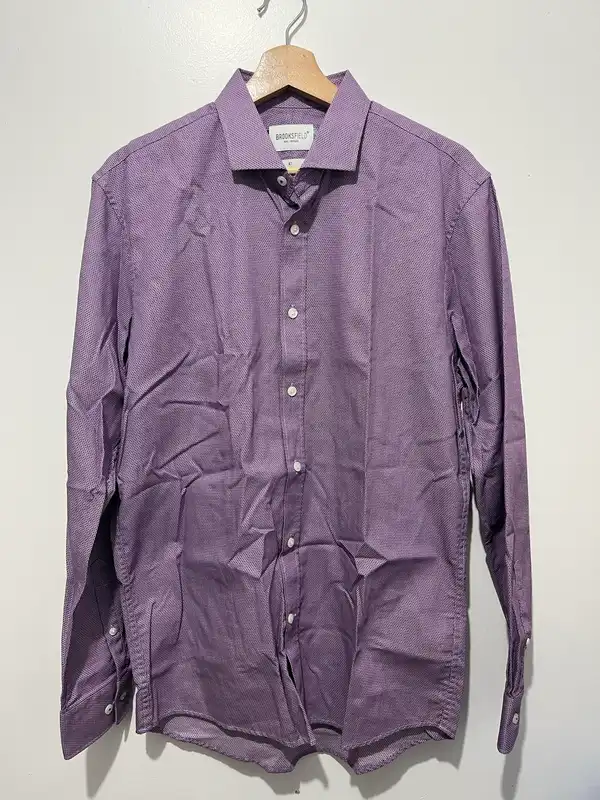 Brooksfield Geometric Dress Shirt 41 Purple Cotton Long Sleeve Point Collar