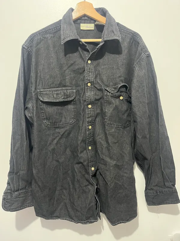 Penmans Mens Button Up Shirt Size L Black Denim Cotton Long Sleeve Pocket