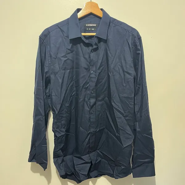 Connor Slim Fit Solid Dress Shirt M Navy Cotton Long Sleeve Easy Care Collared