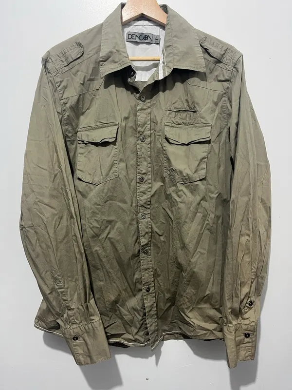 Deacon Shirt Men's Size L Khaki Long Sleeve Collared Button Up Embroidered Logo