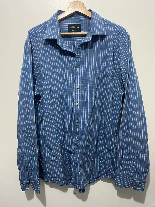 Rodd & Gunn Sports Fit Check Dress Shirt 2XL Blue Cotton Long Sleeve Collared