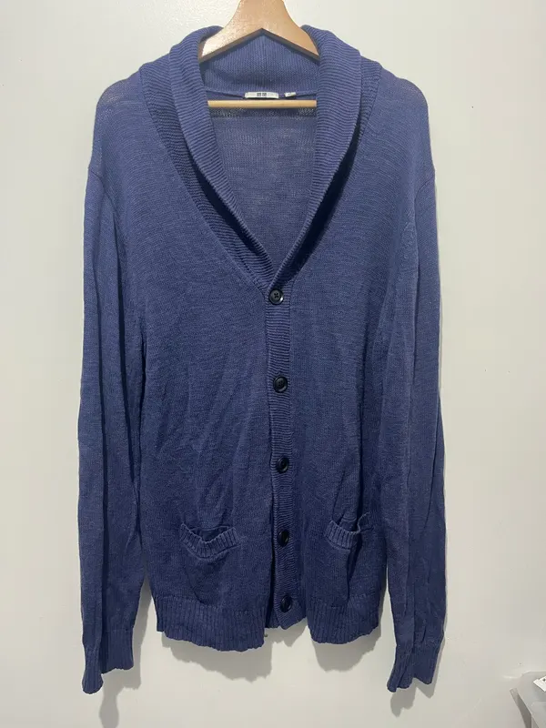 Uniqlo Linen Cotton Knit Cardigan Blue Shawl Neck Button Pockets Men’s XL