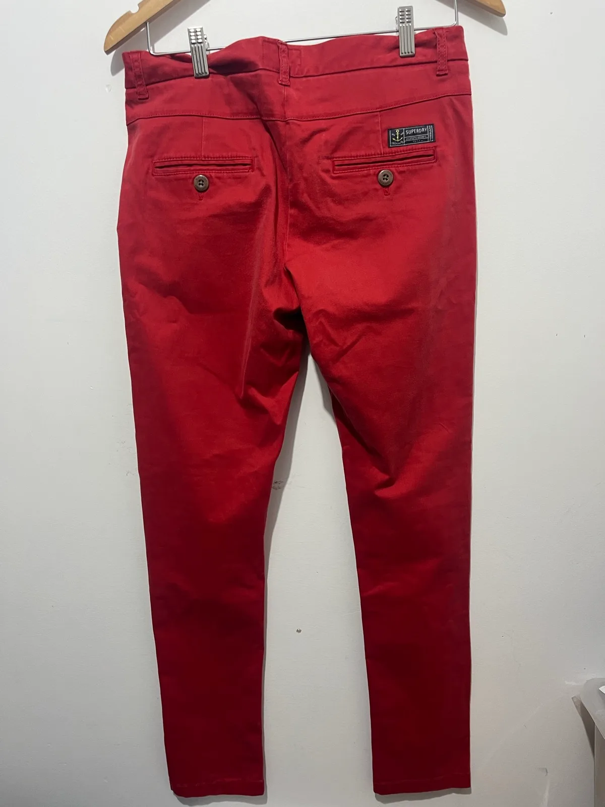 Superdry Mens Red Chino Pants Size S Regular Solid Flat Front Button Logo – photo 2