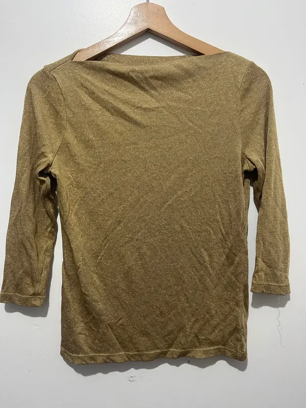 Lauren Ralph Lauren Gold Metallic Knit Boat Neck 3/4 Sleeve Pullover Top S