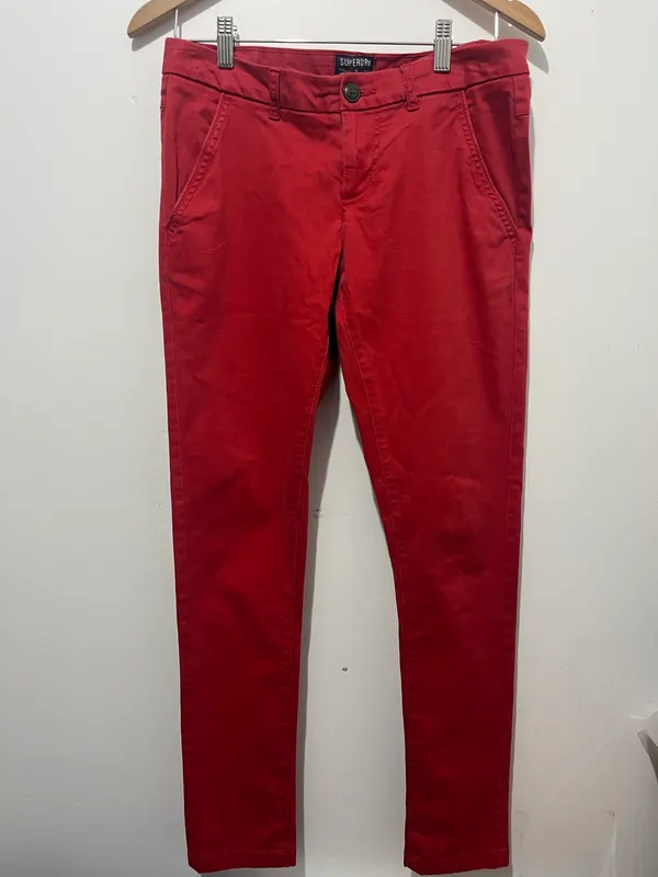 Superdry Mens Red Chino Pants Size S Regular Solid Flat Front Button Logo