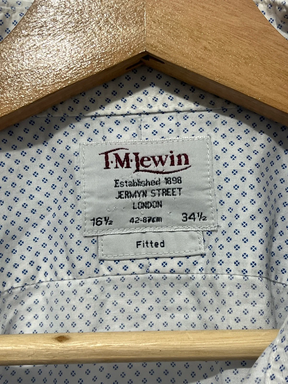 T.M.Lewin Fitted Geometric Dress Shirt 16.5 White/Blue Cotton Long Sleeve – photo 2