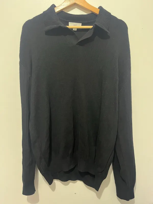 NEXT Cotton Knit Jumper Black Collared Neck Pullover Men’s L Long Sleeve