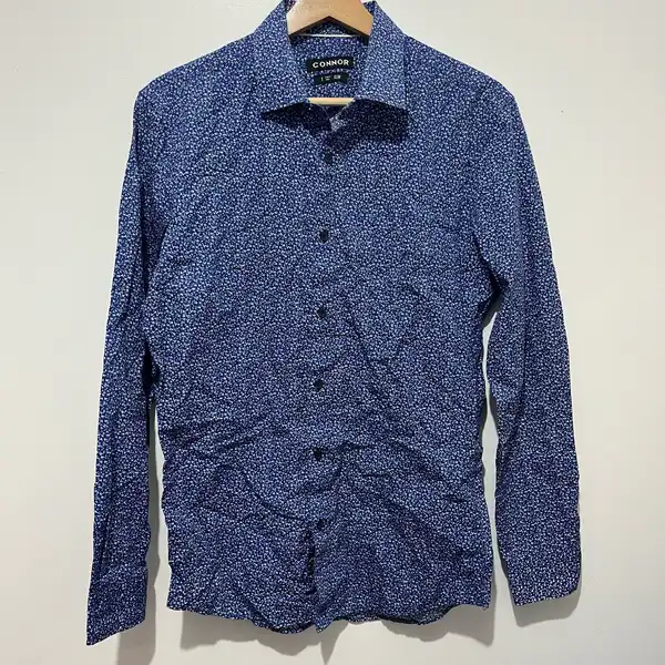 Connor Slim Fit Floral Dress Shirt S Blue/White 100% Cotton Long Sleeve