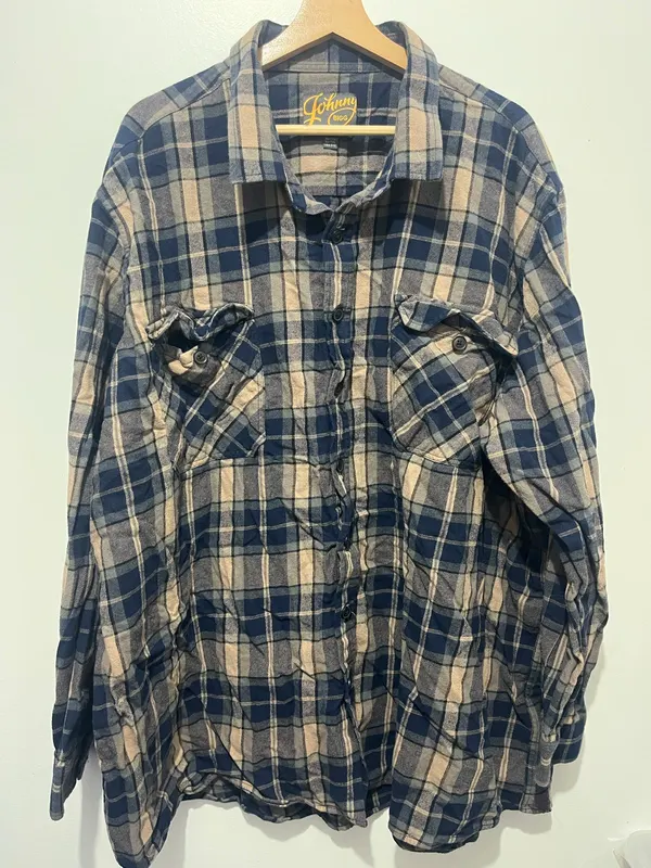 Johnny Bigg Mens Button Up Long Sleeve Flannel Plaid Blue Beige Shirt 7XL