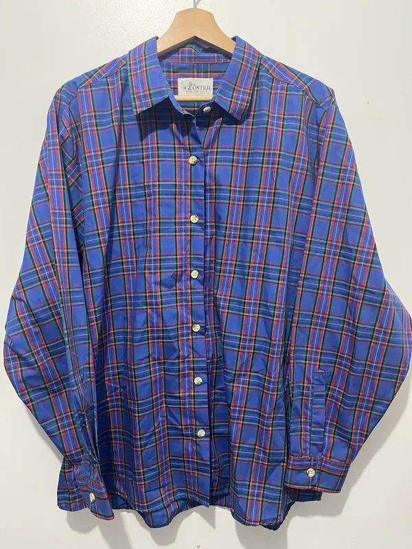 Gloster Ladies Button Up Long Sleeve Point Collar Plaid Cotton Blue Size 18