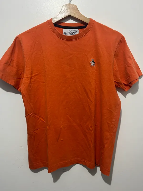 Original Penguin Mens Orange Crew Neck Short Sleeve Cotton Logo T-Shirt Size S