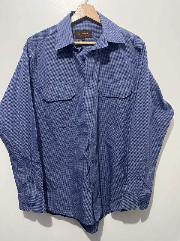 Gloster Mens Button Up Shirt Size M Blue Check Long Sleeve Collared Cotton