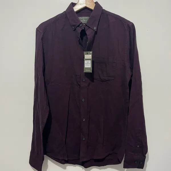 Primark Mens Button Up Long Sleeve Button-Down Collar Burgundy Cotton XS