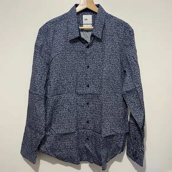 YD Mens Woven Button Up Long Sleeve Point Collar Blue White Floral XL