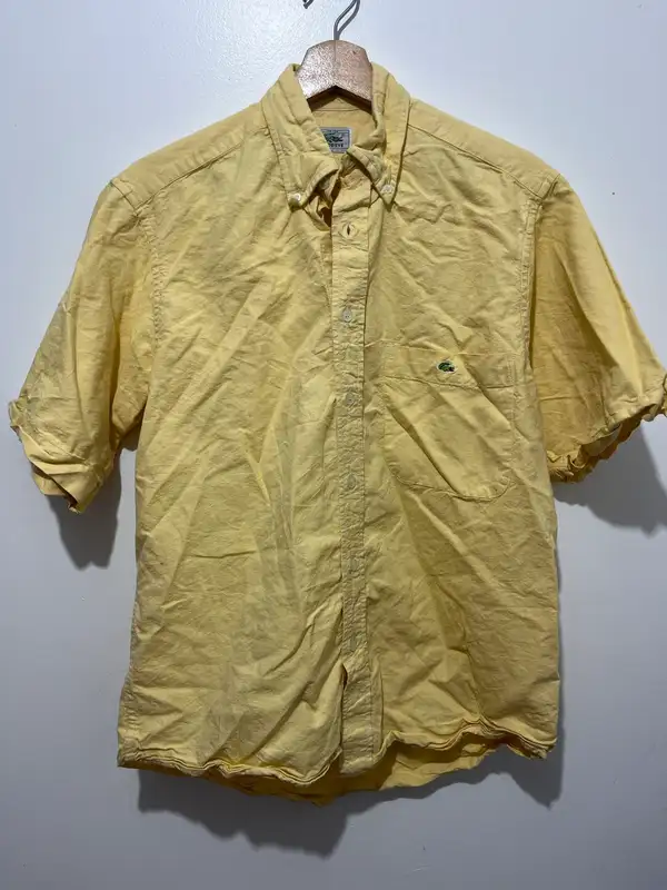Lacoste Mens Button Up Short Sleeve Yellow Cotton Shirt Pockets Logo Size 34/36