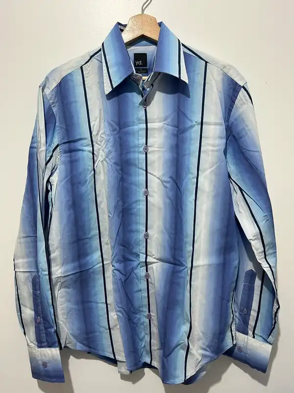 yd. Striped Dress Shirt M Blue/White Stretch Cotton/Poly/Elastane Long Sleeve