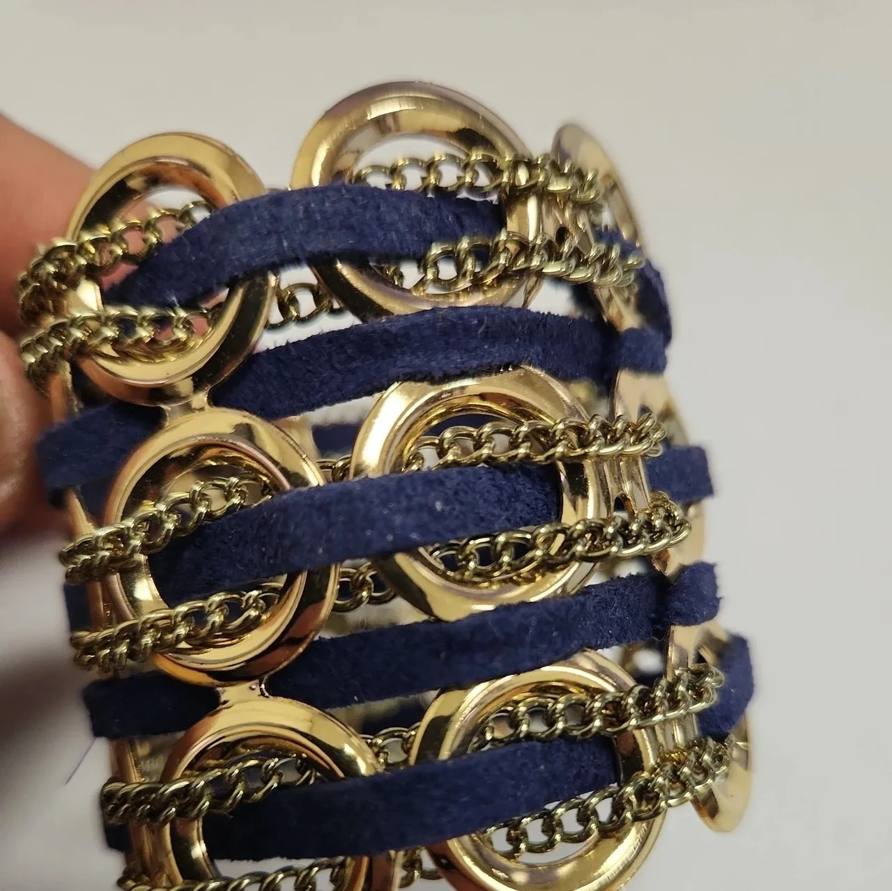 Forever New Gold Tone Cable Chain Navy Fabric Wrap Wide Cuff Bracelet, #10009 — photo 4
