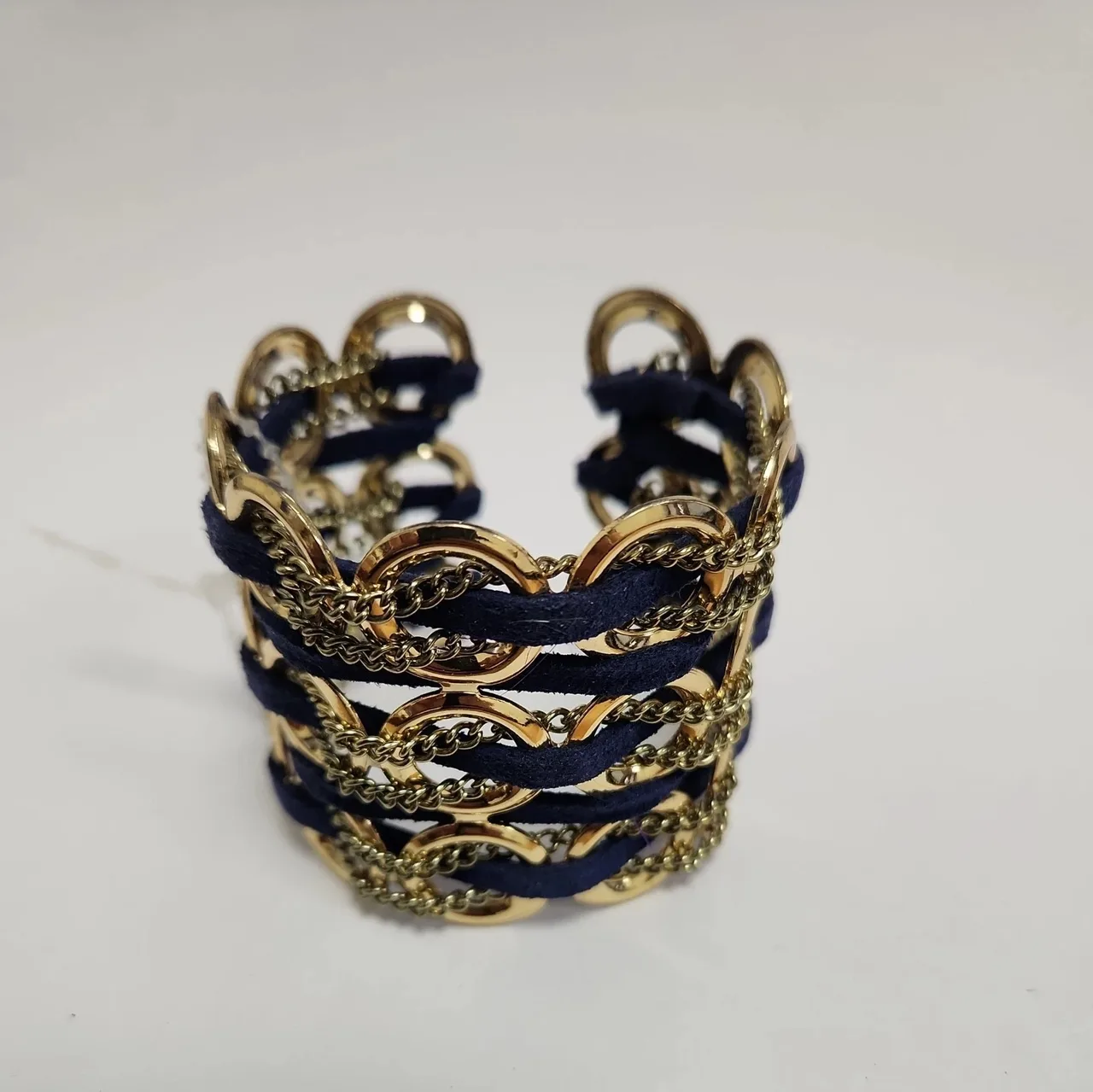Forever New Gold Tone Cable Chain Navy Fabric Wrap Wide Cuff Bracelet, #10009 — photo 2