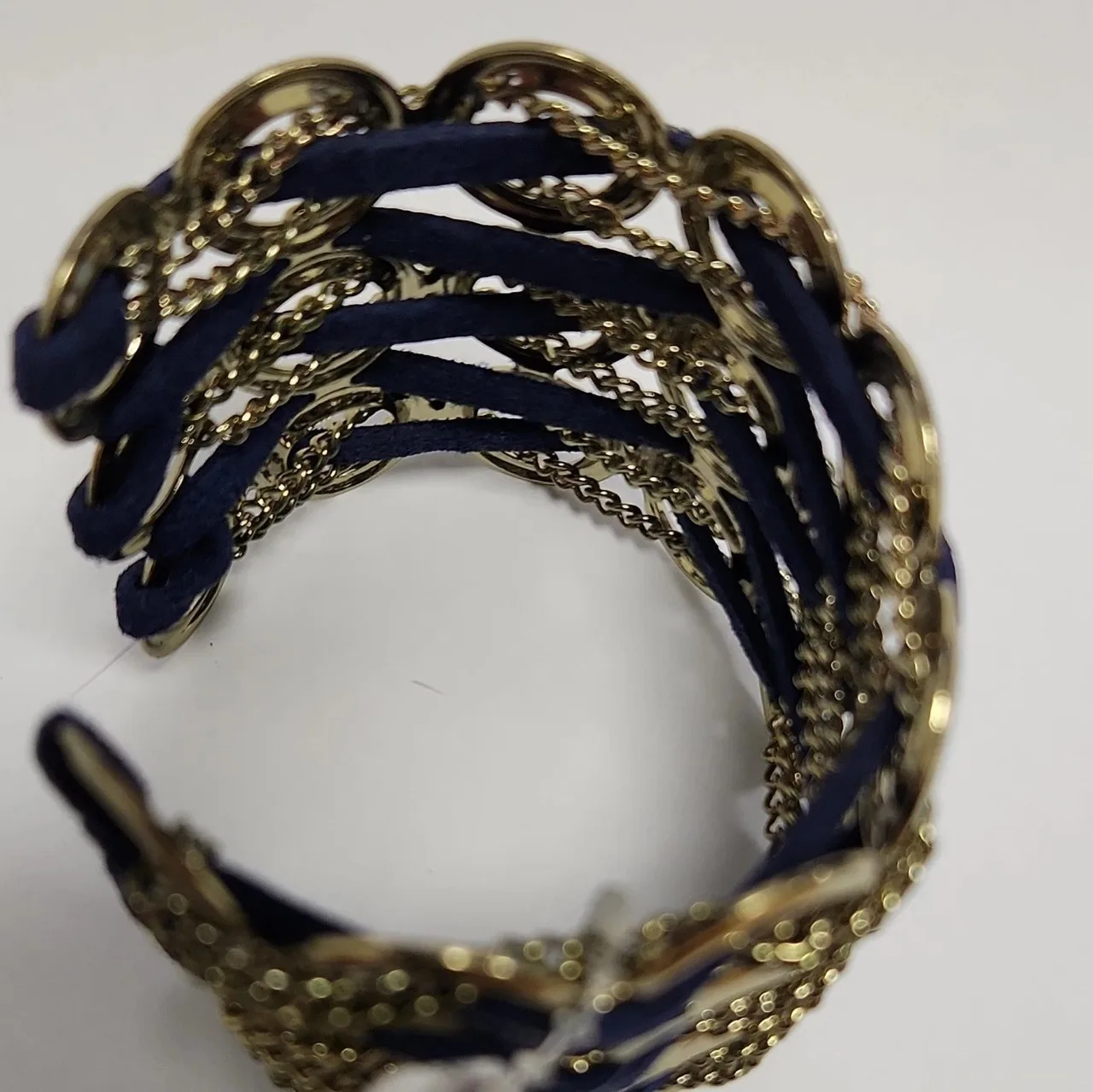 Forever New Gold Tone Cable Chain Navy Fabric Wrap Wide Cuff Bracelet, #10008 — photo 2