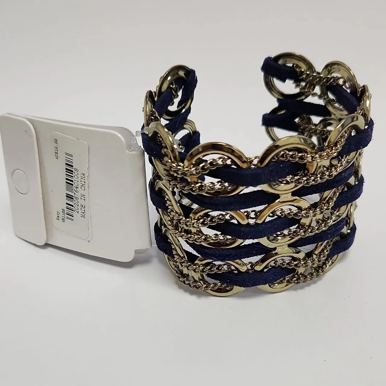 Forever New Gold Tone Cable Chain Navy Fabric Wrap Wide Cuff Bracelet, #10008 — photo 3