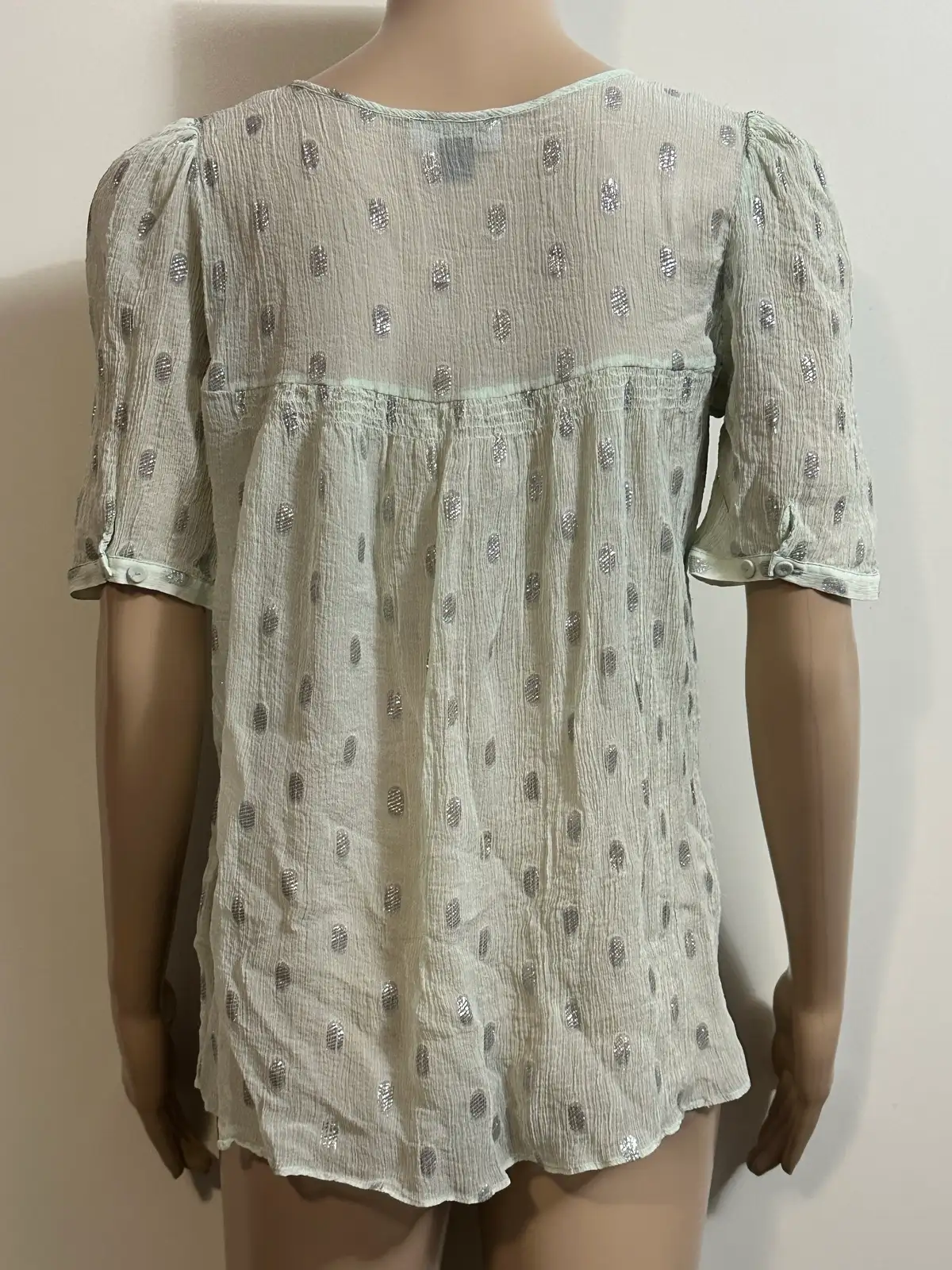 Size 10 WITCHERY Pure 100% Silk Mint Green Sheer Blouse With Silver Oval Details – photo 3