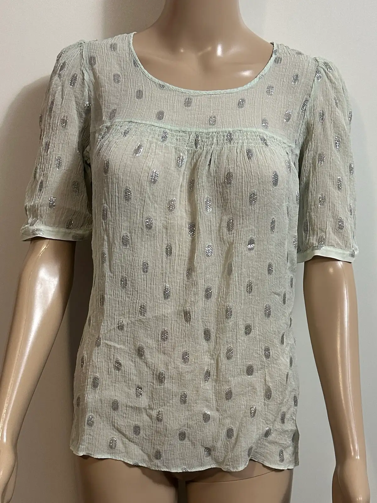 Size 10 WITCHERY Pure 100% Silk Mint Green Sheer Blouse With Silver Oval Details – photo 2