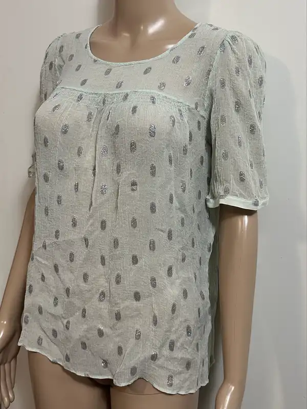 Size 10 WITCHERY Pure 100% Silk Mint Green Sheer Blouse With Silver Oval Details