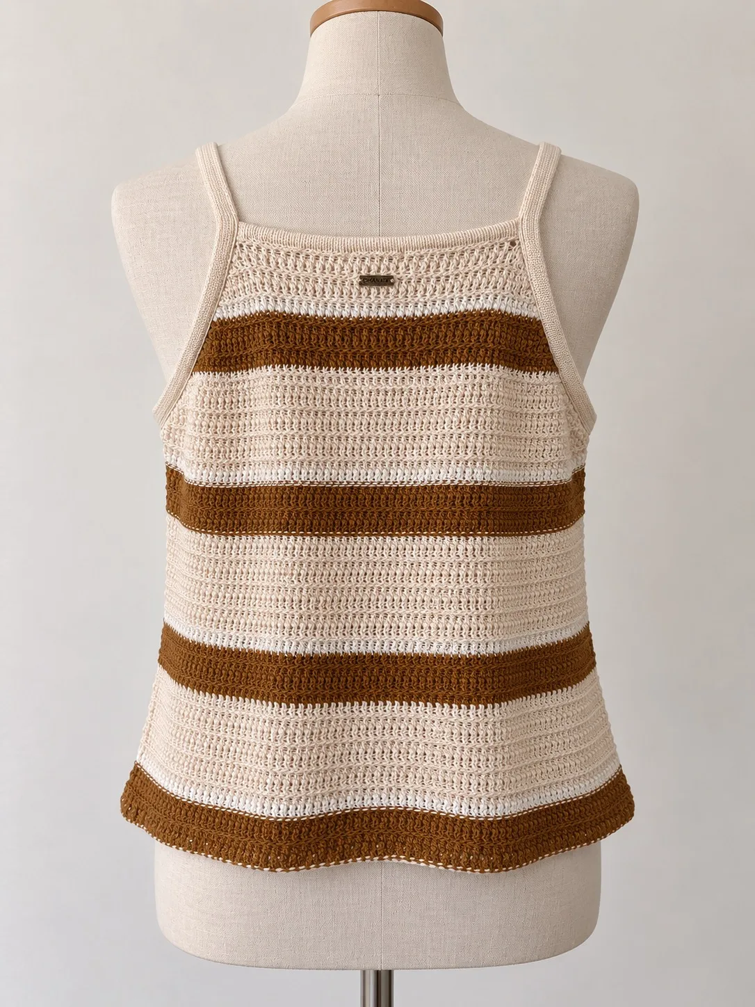 Ghanda Women's Crochet Striped Camisole Tank Top Square Neck Cream/Brown M – photo 2