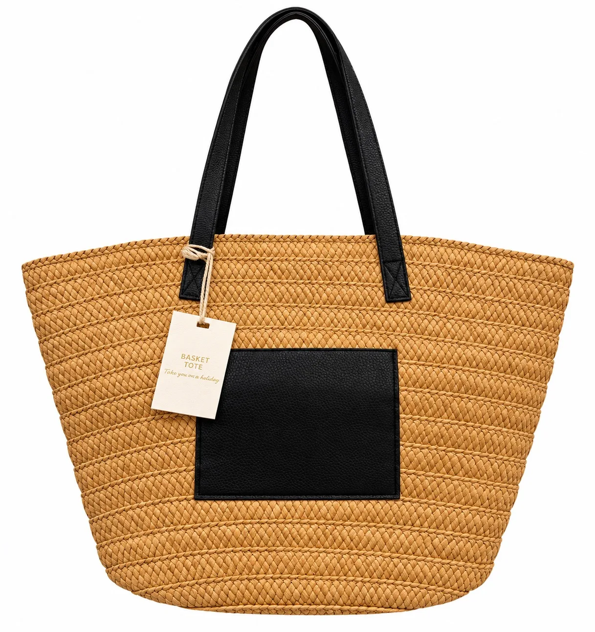 Cotton On Basket Tote Natural Black Woven Straw Double Handles Brand New – photo 2
