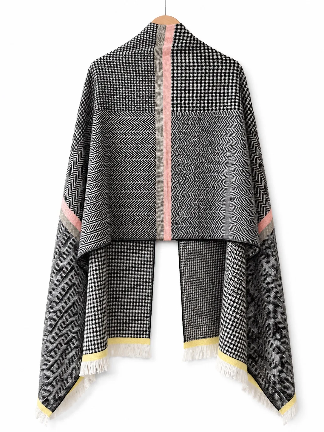 French Connection Black White Check Knit Fringe Scarf Shawl Throw Pink Stripe — photo 4