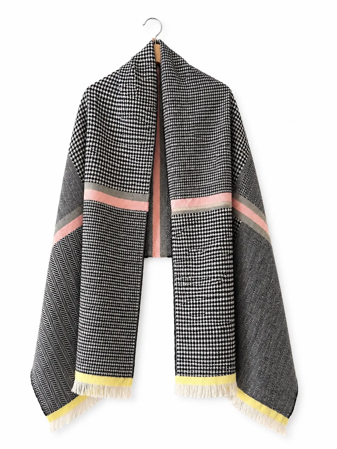 French Connection Black White Check Knit Fringe Scarf Shawl Throw Pink Stripe — photo 2