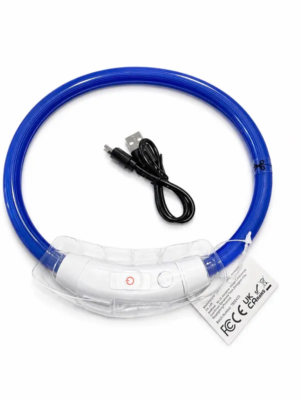 Blue USB Rechargeable LED Lighted Safety Dog Collar, Adjustable, Size M 50cm