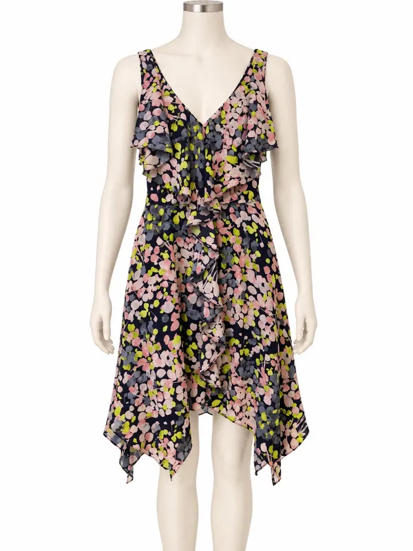 Navy Floral Ruffle V-Neck Sleeveless Hi-Low Midi Dress Size 0 AU 6