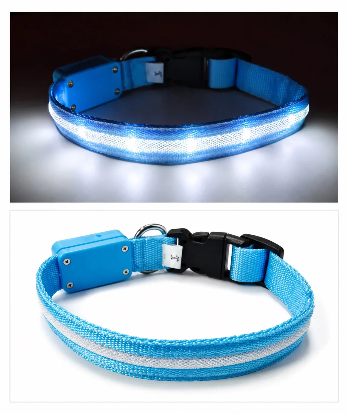 Blue USB Rechargeable LED Night Walk Light Up Safety Dog Collar Adjustable Small — photo 2