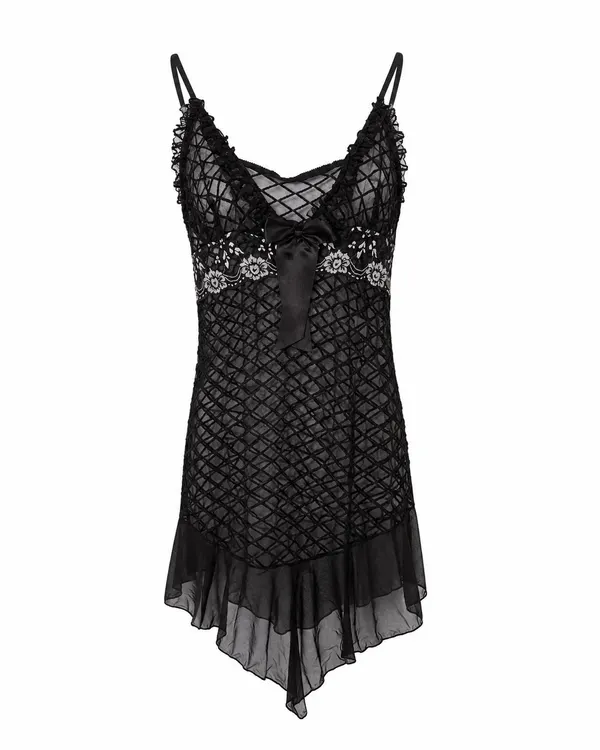 Women's Black Mesh Lace Lingerie Nightie V-Neck Chemise Adjustable Straps M