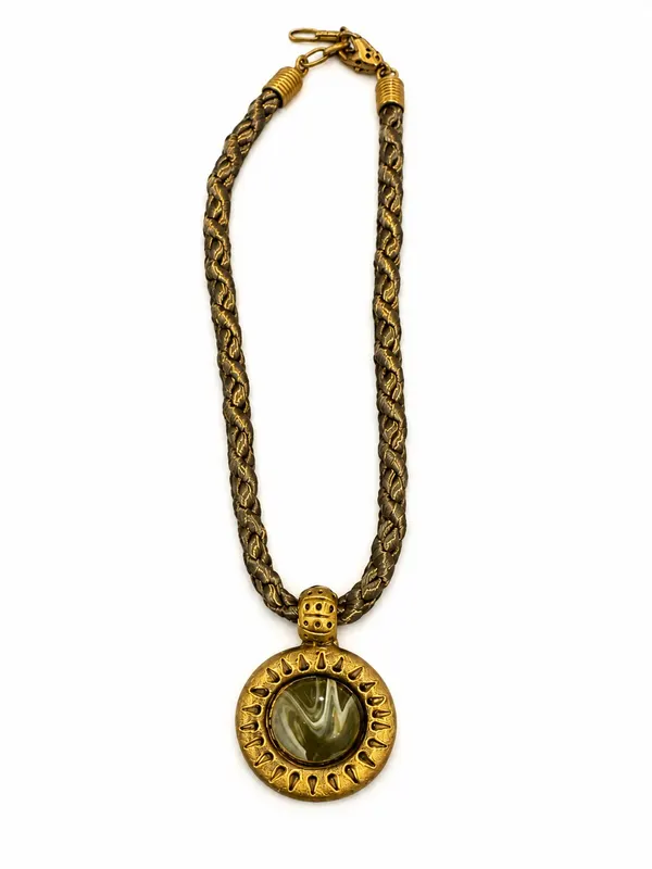 Vintage EH Designer Jewellery Gold Tone Pendant Necklace Cabochon 80s USA GUC